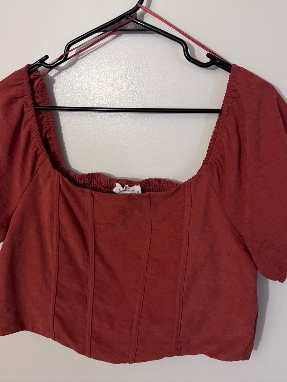 Rust Red Square-Neck Puff Sleeve Crop Top
